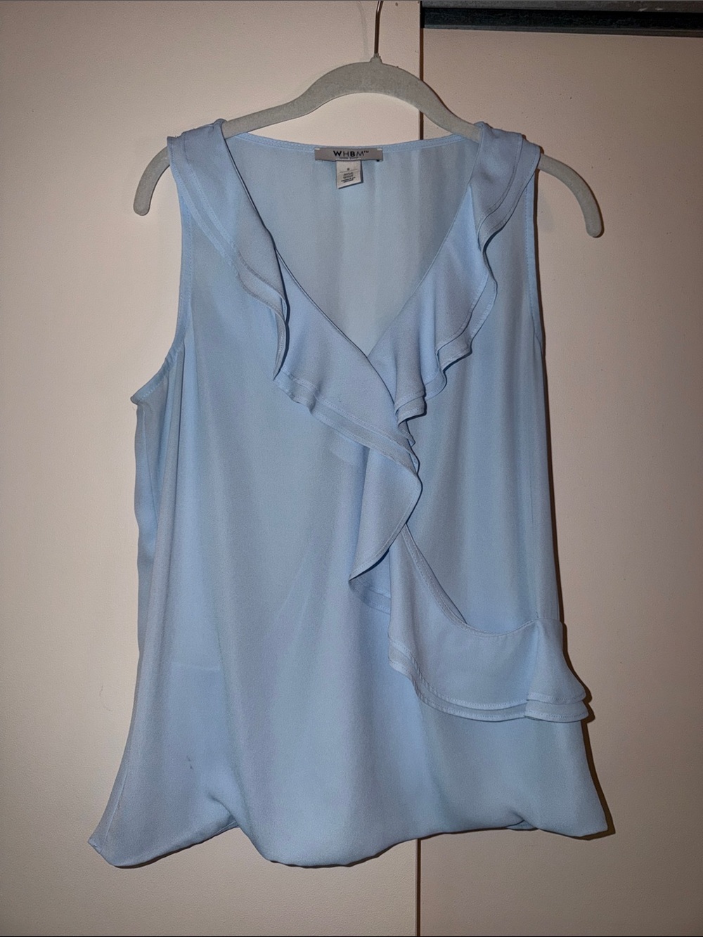 White House Black Market Light Blue Ruffle V-Neck Sleeveless Top, Size S
